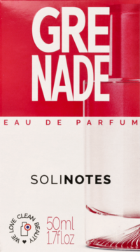 Damska woda perfumowana Solinotes Grenade 50ml, czerwono-białe pudełko, widok z przodu z częścią butelki.
