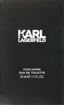 Czarne pudełko Karl Lagerfeld Pour Homme, wody toaletowej 50 ml, z białym napisem, widok z przodu.