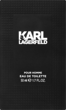 Czarny kartonik Karl Lagerfeld Pour Homme Eau de Toilette 50ml, elegancki z wytłoczoną fakturą, widok z przodu.