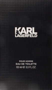 Czarny, fakturowany kartonik Karl Lagerfeld Pour Homme Eau de Toilette 100 ml z białym logo i tekstem.