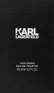 Czarne, teksturowane pudełko Karl Lagerfeld Pour Homme Eau de Toilette 100ml. Męska woda toaletowa, widok z przodu.