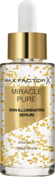 Max Factor Miracle Pure rozświetlające serum z witaminą C i niacynamidem, butelka ze złotymi drobinkami.