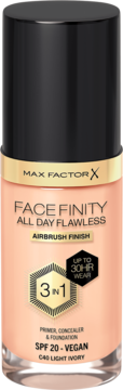 Max Factor Face Finity All Day Flawless SPF 20 vegan foundation, C40 Light Ivory, glass bottle, front.