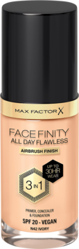 Max Factor Face Finity N42 Ivory, podkład 3w1 wegański SPF 20, butelka z czarną nakrętką, przód.