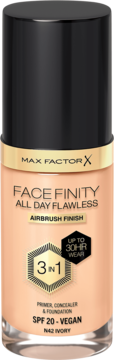 Max Factor Face Finity N42 Ivory, podkład 3w1 wegański SPF 20, butelka z czarną nakrętką, przód.