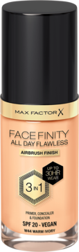 Beżowy podkład Max Factor Facefinity All Day Flawless 3w1, SPF 20, W44 Warm Ivory. Szklana butelka, widok z przodu.
