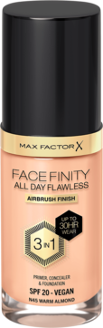 Max Factor Face Finity All Day Flawless N45 Warm Almond podkład 3w1, SPF20, wegański, widok z przodu.