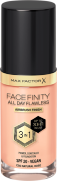 Matujący podkład Max Factor Face Finity C50 Natural Rose SPF 20 w szklanej butelce, widok z przodu.