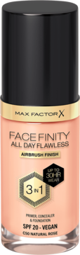 Matujący podkład Max Factor Face Finity C50 Natural Rose SPF 20 w szklanej butelce, widok z przodu.