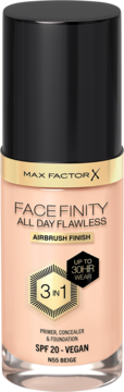Max Factor Facefinity N55 Beige, kryjący podkład SPF 20, beżowa butelka z czarną nakrętką, widok z przodu.