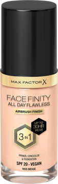 Max Factor Facefinity N55 Beige, kryjący podkład SPF 20, beżowa butelka z czarną nakrętką, widok z przodu.