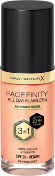 Max Factor Facefinity All Day Flawless, matujący podkład, szklana butelka C64 Rose Gold, widok z przodu.