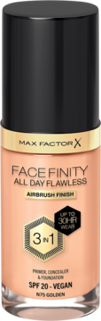 Wegański podkład Max Factor Facefinity N75 Golden SPF 20 w beżowej butelce z czarną nakrętką, widok z przodu.