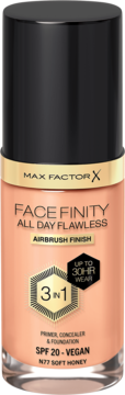 Max Factor Face Finity All Day Flawless N77 Soft Honey foundation, glass bottle, black cap, front view.