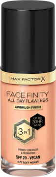 Max Factor Face Finity All Day Flawless N77 Soft Honey foundation, glass bottle, black cap, front view.