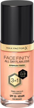 Max Factor Face Finity All Day Flawless podkład 3w1 C80 Bronze SPF 20, butelka z czarną nakrętką, widok z przodu.