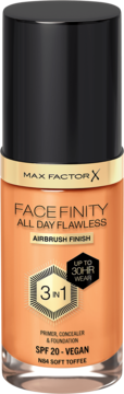 Max Factor Face Finity All Day Flawless podkład w szklanej butelce z czarną nakrętką, odcień N84 Soft Toffee, widok z przodu.