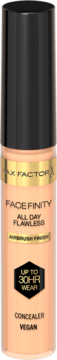 Korektor Max Factor Facefinity All Day Flawless, beżowa butelka, wegański, do 30h, widok z przodu.