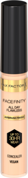Max Factor Facefinity All Day Flawless Concealer, beżowa butelka, czarna nakrętka, do 30H WEAR, wegański, widok z przodu.
