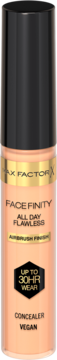 Max Factor Facefinity All Day Flawless długotrwały korektor w beżowej butelce z czarną nakrętką i złotym detalem, widok z przodu.