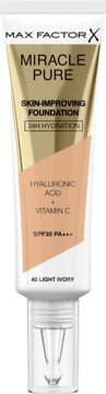 Max Factor Miracle Pure podkład SPF30, biała tubka z złotym szczytem, Light Ivory, widok z przodu.