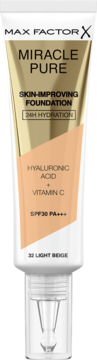 Max Factor Miracle Pure SPF30, beżowo-złoty podkład z kwasem hialuronowym. Tubka z pompką, 32 Light Beige.