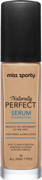 Miss Sporty Naturally Perfect Serum Foundation, shade 30. Beige bottle with black cap, front view. Hydrating & vegan.