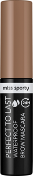 Miss Sporty Perfect To Last Waterproof Brow Mascara w czarnej tubce z brązową nakrętką, widok z przodu.