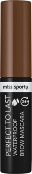 Miss Sporty Perfect to Last wodoodporna brązowa maskara do brwi w cylindrycznej tubce z etykietą 24H, widok z przodu.