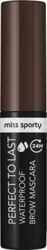 Miss Sporty Perfect to Last wodoodporna maskara do brwi 24H. Ciemnobrązowa butelka z białym, pionowym tekstem.