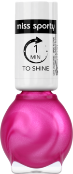 Różowy lakier do paznokci Miss Sporty 1'To Shine, metaliczny, w butelce z napisem '1 MIN TO SHINE'.