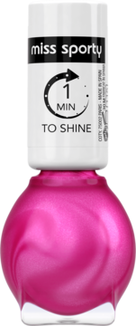 Różowy lakier do paznokci Miss Sporty 1'To Shine, metaliczny, w butelce z napisem '1 MIN TO SHINE'.