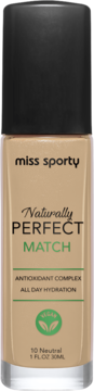 Miss Sporty Naturally Perfect Match podkład 10 Neutral, beżowa butelka 30ml z czarną nakrętką, widok z przodu.