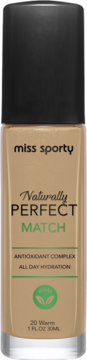 Miss Sporty Naturally Perfect Match 20 Warm, wegański podkład w szklanej butelce, widok z przodu.