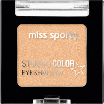 Miss Sporty Studio Color Cień do powiek, jasny brzoskwiniowo-beżowy, w czarnym kwadratowym opakowaniu z widocznym logo.