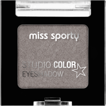 Cień do powiek Miss Sporty Studio Color, szary odcień w czarnej prostokątnej kasetce, widok z góry.