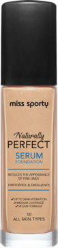 Miss Sporty Naturally Perfect Serum Foundation w beżowej butelce, widok z przodu, z czarną nakrętką.