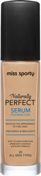 Podkład Miss Sporty Naturally Perfect Serum, beżowy, w szklanej butelce z czarną nakrętką, widok z przodu.