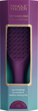 Tangle Teezer Detangling Mini Hairbrush in purple and teal retail box, front view, with visible purple bristles.