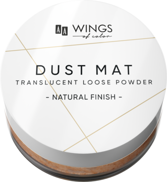 AA WINGS Dust Mat transparentny puder sypki, okrągłe opakowanie, widok z góry, białe wieczko ze złotymi liniami.