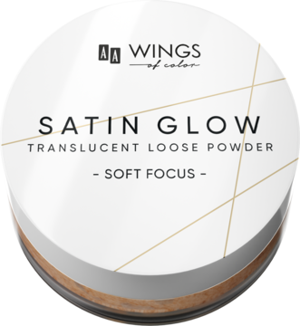 AA Wings of Color Satin Glow Translucent Loose Powder Soft Focus, biały okrągły słoik, z góry.