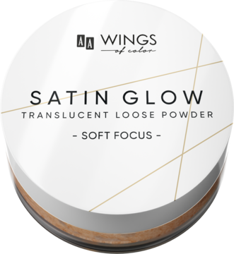 AA Wings of Color Satin Glow Translucent Loose Powder Soft Focus, biały okrągły słoik, z góry.