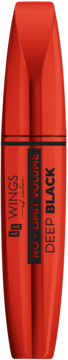 Czerwony tusz do rzęs Wings No-Limit Volume Deep Black, z przodu, pionowo, z metalicznym wykończeniem.