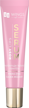 Różowy balsam-serum do ust AA WINGS of color, tubka ze złotym spodem, nawilża kwasem HA i olejkiem różanym.