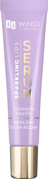 Fioletowe serum do ust AA WINGS of color Sparkling Lips z kwasem HA i olejkiem różanym, widok z przodu.