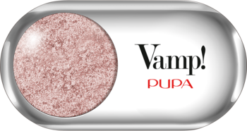 Vamp! PUPA, metaliczny cień do powiek w srebrnym, owalnym etui, pudrowy róż z błyszczącym wykończeniem.