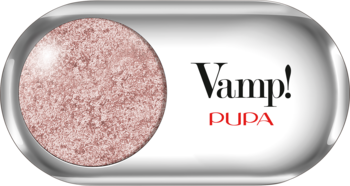Vamp! PUPA, metaliczny cień do powiek w srebrnym, owalnym etui, pudrowy róż z błyszczącym wykończeniem.