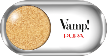 Vamp! PUPA metaliczny cień do powiek w złotym odcieniu, w srebrnej kasetce z owalnym otworem, widok z przodu.
