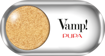 Vamp! PUPA metaliczny cień do powiek w złotym odcieniu, w srebrnej kasetce z owalnym otworem, widok z przodu.