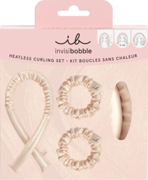Invisibobble Heatless Curling Set: beżowo-różowy satynowy wałek, 2 gumki i owalny klips, w opakowaniu.